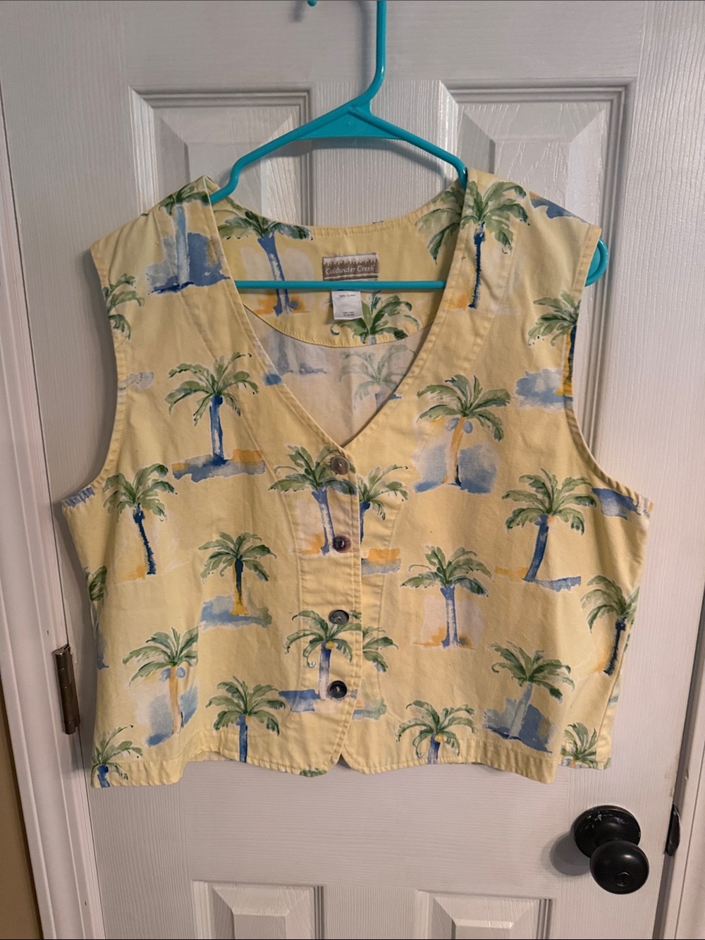 Tropical Palm Print Button Front Vest or Top- Yellow with Tropical Palm Trees.